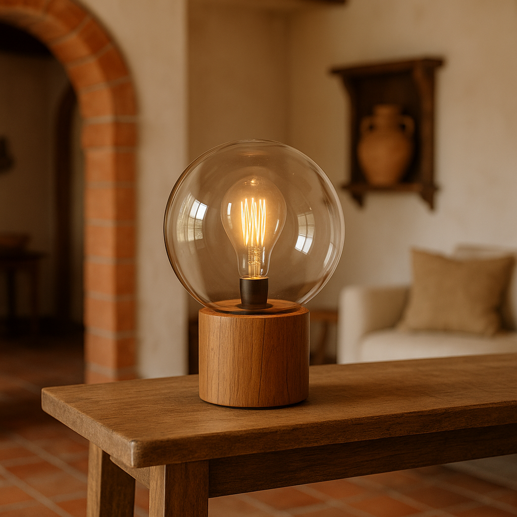 Lámpara de Mesa con Globo de Vidrio y Base de Madera