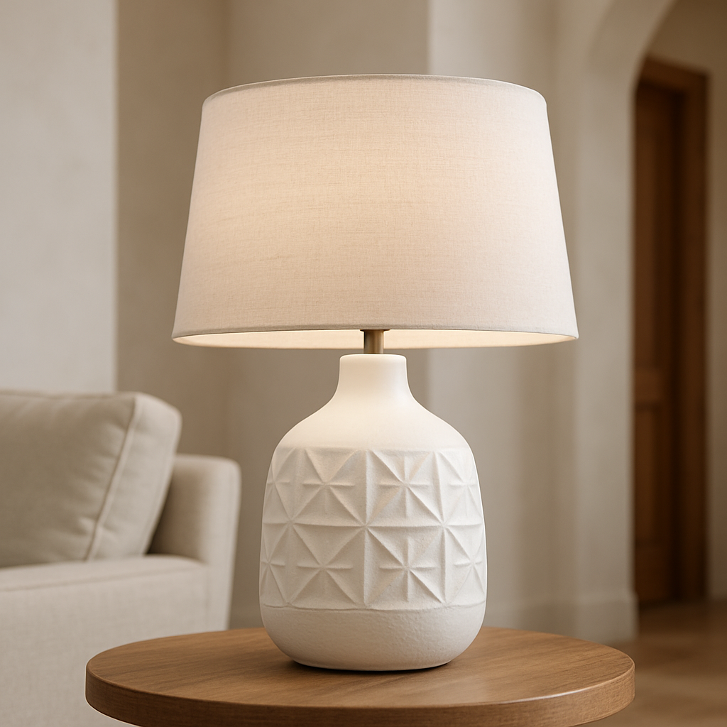 Lámpara de Mesa de Cerámica Blanca con Patrón Geométrico