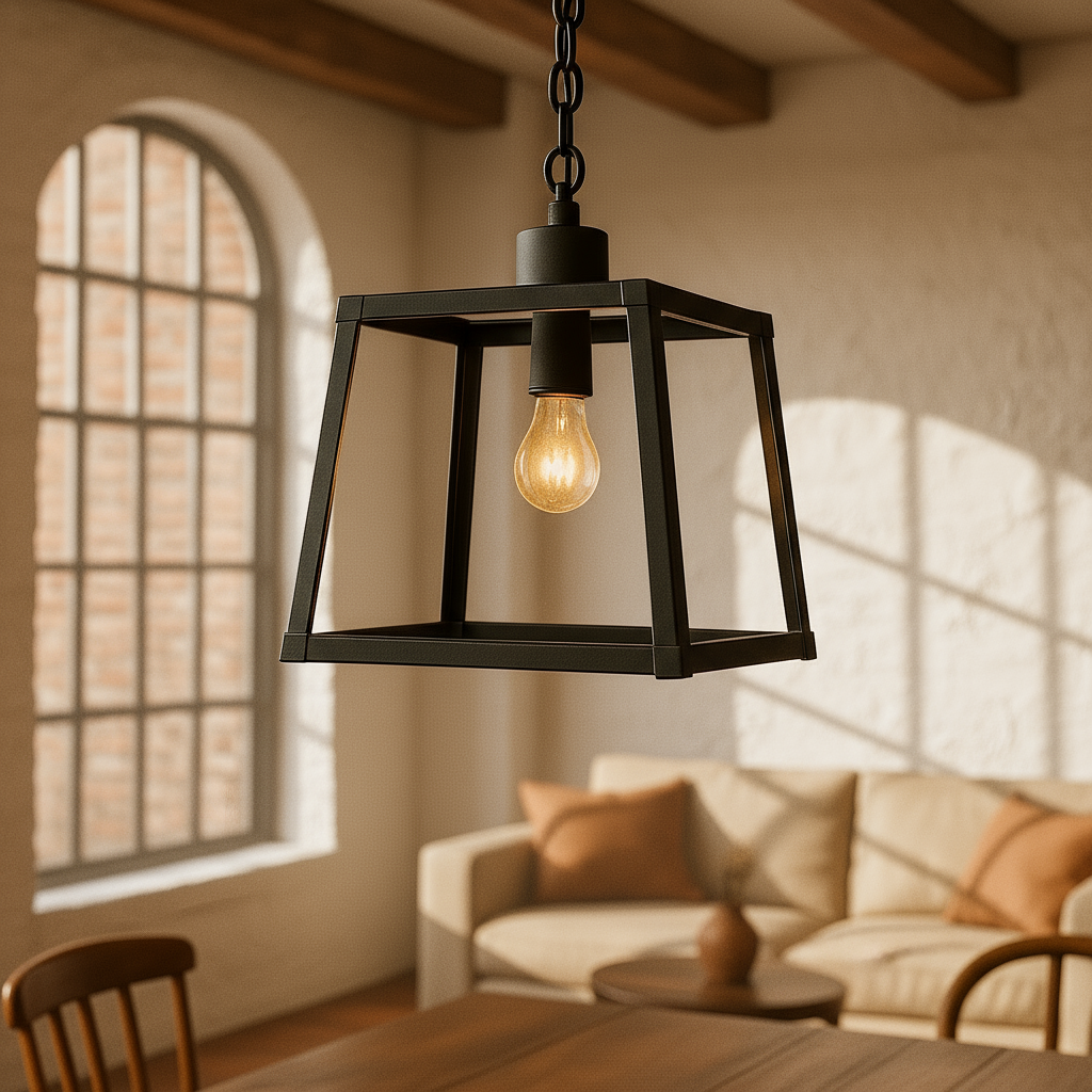 Lámpara Colgante Industrial de Metal Negro con Marco Abierto