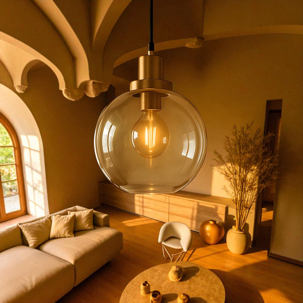 Lámpara Colgante con Globo de Vidrio y Acabado en Latón