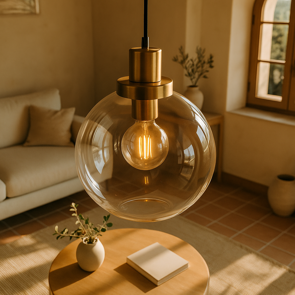 Lámpara Colgante con Globo de Vidrio y Acabado en Latón