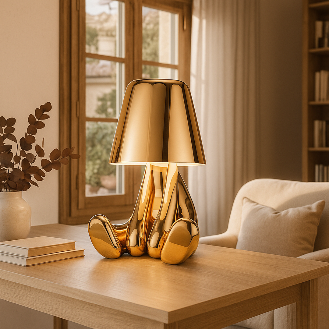 Lámpara de Mesa Dorada con Figura Sentada | Decoración Artística