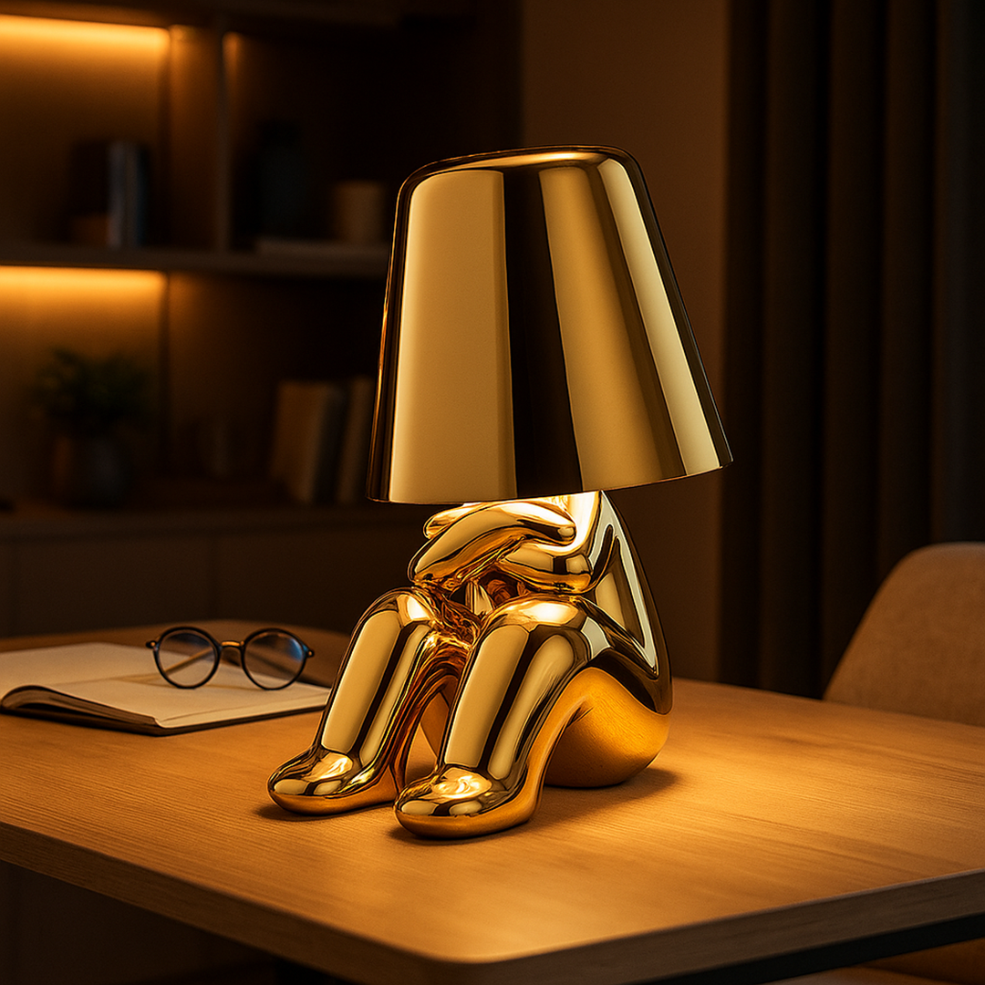 Lámpara de Mesa Dorada con Figura Sentada | Decoración Artística