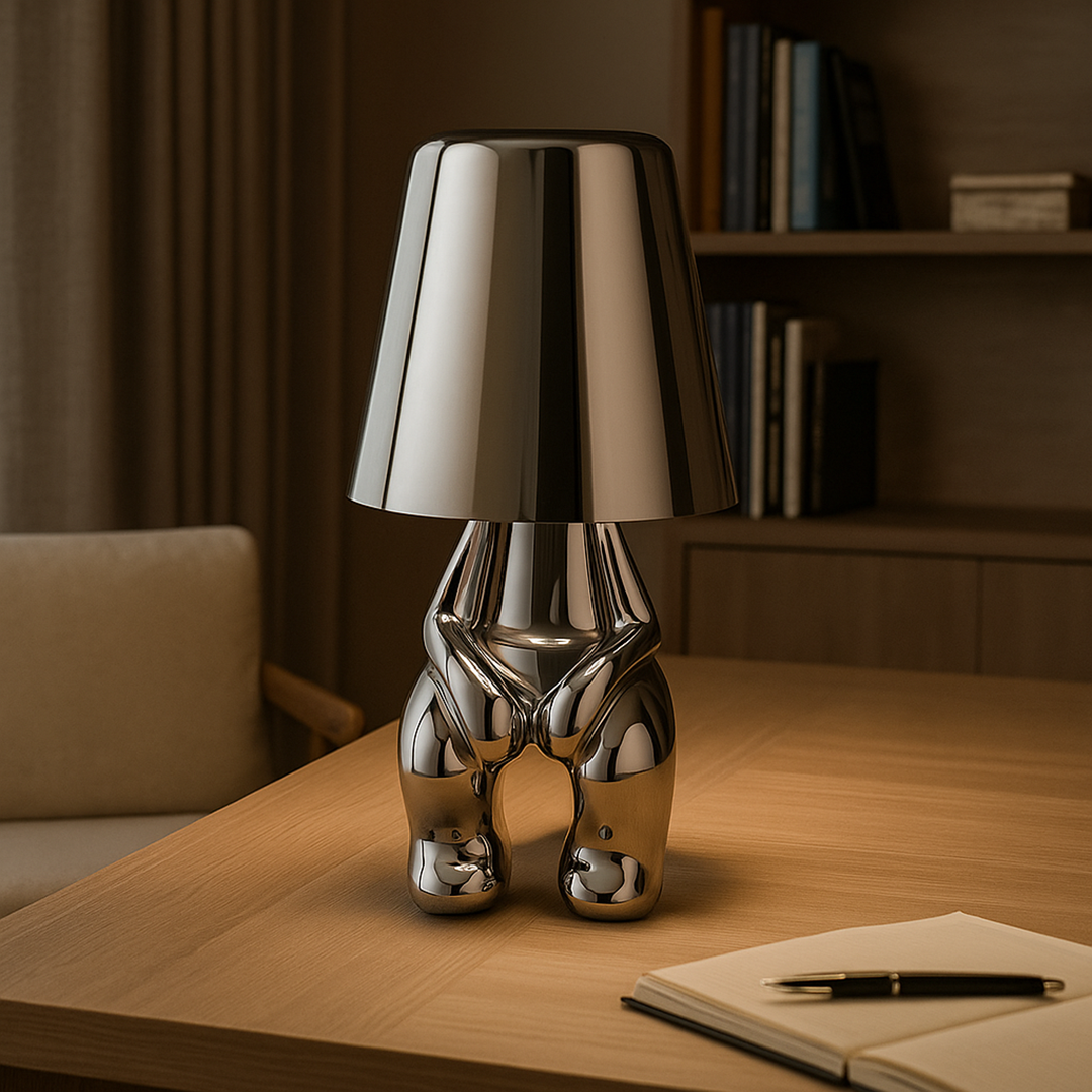 Lámpara de Mesa Dorada con Figura Sentada | Decoración Artística