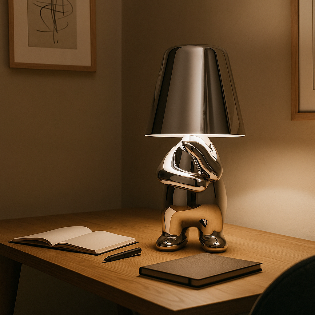 Lámpara de Mesa Dorada con Figura Sentada | Decoración Artística