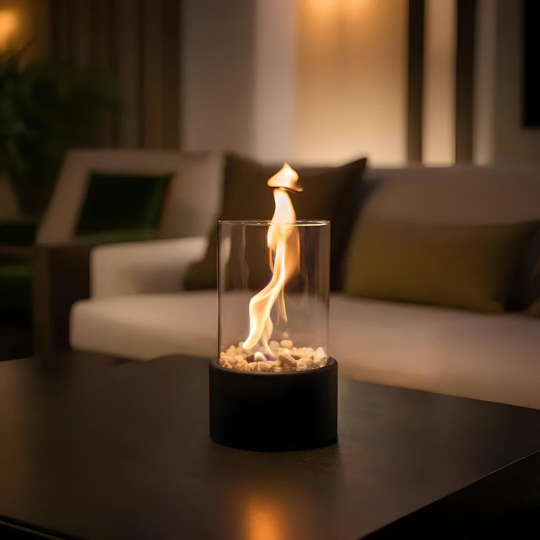 Chimenea de Mesa Elegante con Base de Metal Negra | Estética Moderna