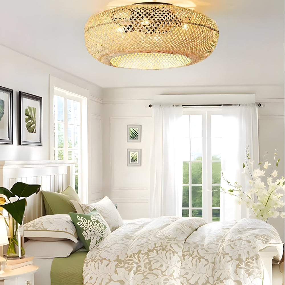 Ceiling Lamp with Fan and Bamboo Cage Design