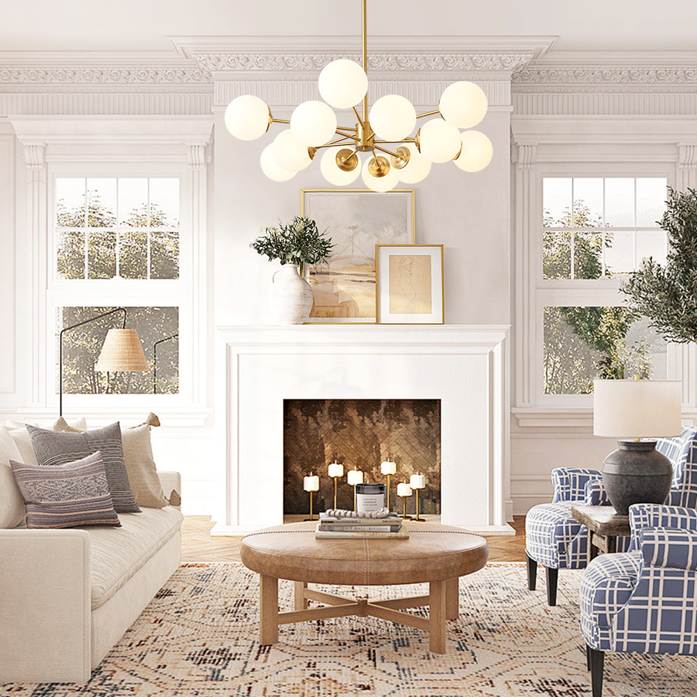 Sputnik-Kronleuchter aus opakem Glas mit zwei Ebenen und 12 Lichtern