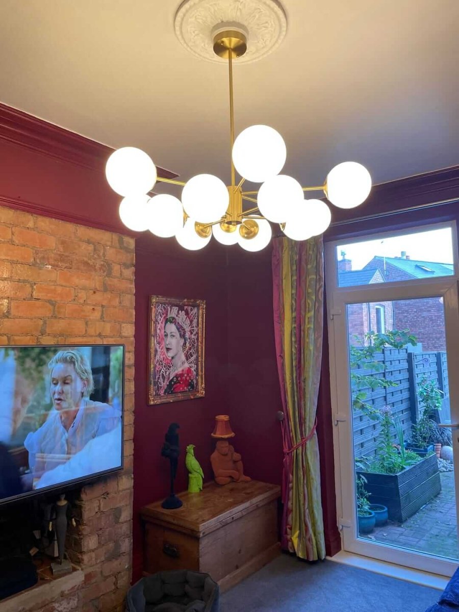 Sputnik-Kronleuchter aus opakem Glas mit zwei Ebenen und 12 Lichtern